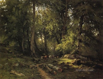150の主題の芸術作品 Painting - 森の中の群れ 1864 古典的な風景 イワン・イワノビッチの木々